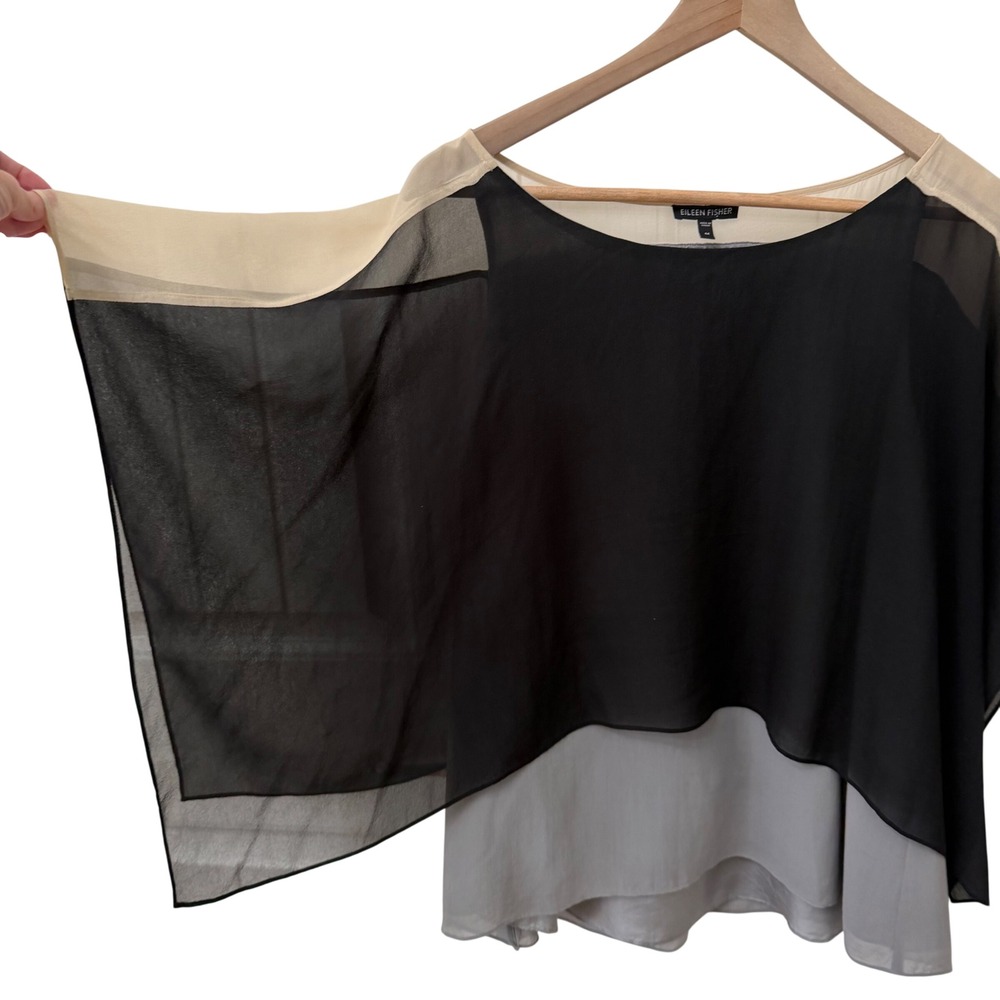 Eileen Fisher Silk Poncho Top M Black Gray Tan Colorblock Sheer Layered Blouse